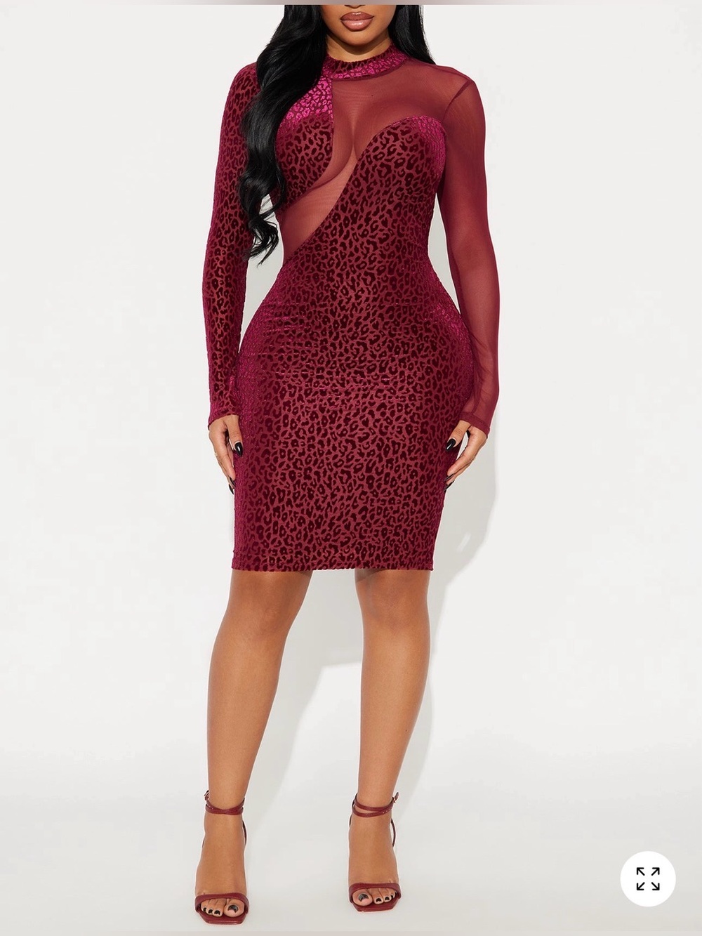 Fashion Nova Women's Burgundy Mesh & Leopard-Print Long Sleeve Sheath Dress
